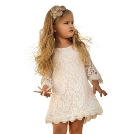 Flower Girl Dress, Lace Dress 3/4 Sleeve Dress (White, 5 Years)