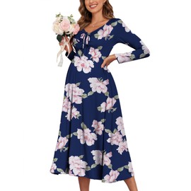 Maternity Winter Tie Front Ruched Nursing Dress A Line Long Sleeve V Neck Swing Pregnancy Maxi Dresses, Floral Navy, Medium