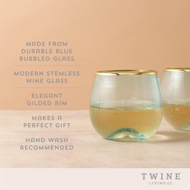 Twine Aqua Bubble Gold Rim Stemless Wine Glasses, Tinted Glass, Set of 2, 12 oz Capacity