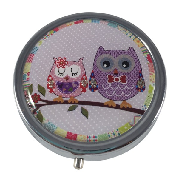 Pretty Owls Silver Three Compartment Round Pocket/Purse/Travel Pill Box (Purple)