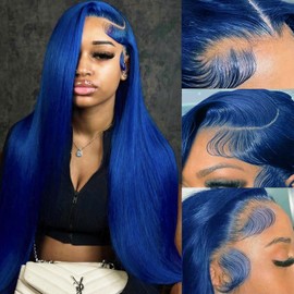 13x6 Blue Lace Front Wigs Human Hair Straight Hd Transparent Dark Blue Lace Frontal Wig Human Hair 26 Inch Wear and Go Glueless Royal Blue Wigs Human Hair Pre Plucked Colored Wig for Black Women