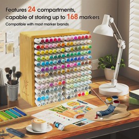 TIKSPCAE Marker Organizer for 168 Markers,Bamboo Wooden Desk Storage Organizer Rack,Markers Pens Pencils Art Brushes Storage Holder for Home Classroom Office Decor, 168makers