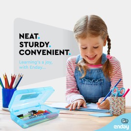 Enday Plastic Pencil Box with Snap Closure Lids Blue, Small Utility Storage Crayon School and Office Supplies Case Organizer, Also Available in Glitter Pink, Purple, Green, Red and Grey, 1 Pc