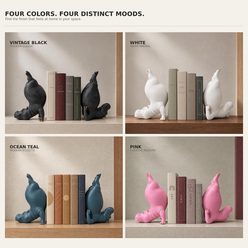 Hippo Bookends for Heavy Books, Decorative Bookends (Ocean Teal)