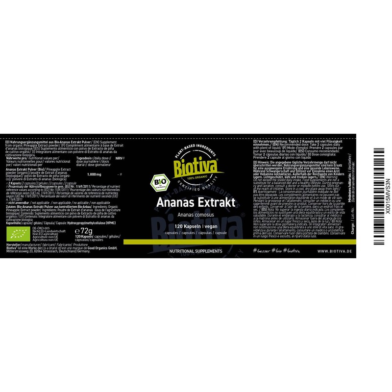 Biotiva Pineapple Extract Organic 120 Capsules - 500mg - Bromelain