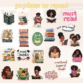 JENMLO Black Girls Reading Stickers, 50PCS, Bookworm Book Lover Decals for Kindle, Laptop, Vision Board