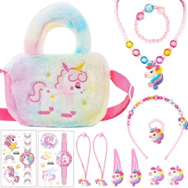 SOETDERT Unicorn Handbag Gift, Girls Unicorn Jewellery Set, Unicorns Children's Jewellery Necklace Bracelet, Ring, Hair Clip, Birthday Gift for Children Girls Role Play, Cotton