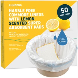 Lunderg Commode Liners with Absorbent Pads - Lemon Scent Medical Grade 50 Count Universal Fit - Disposable Bedside Commode Liners and Pads for Adult Chairs, Portable Buckets & Camping Toilet Bags