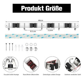 Sampoes Broom Holder Wall, Broom Holder, Stainless Steel, Tool Holder, Wall Mount with 4 Holders and 5 Hooks, Broom Hanging Garden Tool Holder, Broom Mop Holder for Home, Garden, Kitchen, Garage