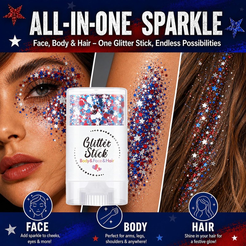 2Pcs Glitter Stick, Red White and Blue Glitter Stick, Rave