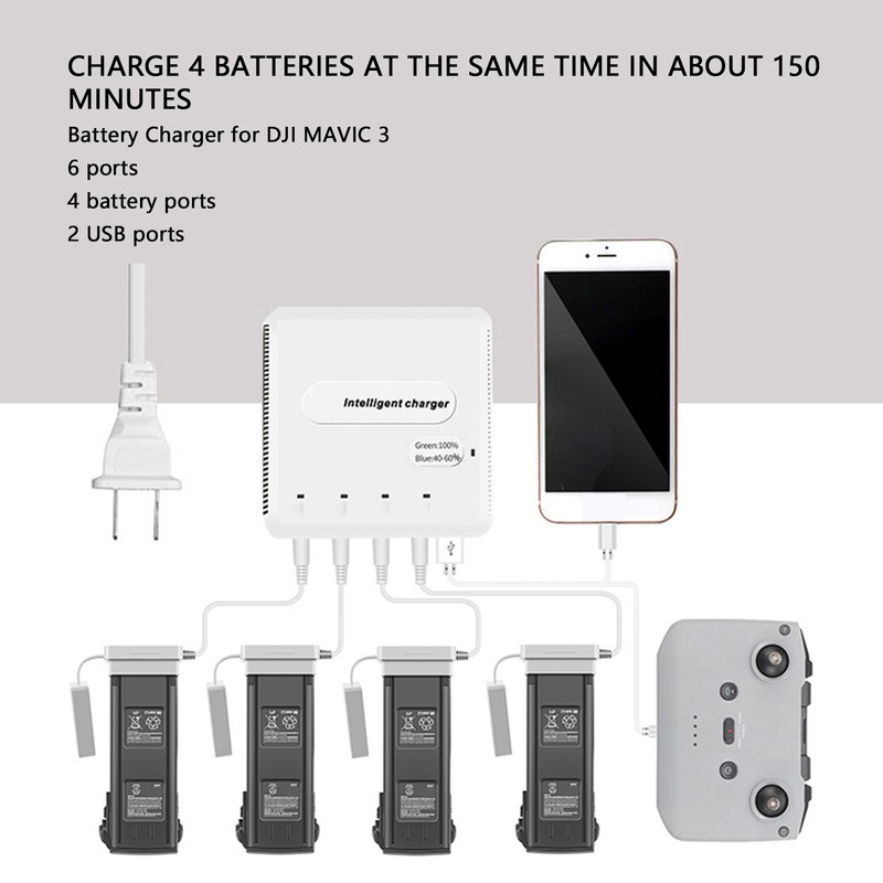 Intelligent Battery Charger with 4 Battery Ports 2 USB Ports