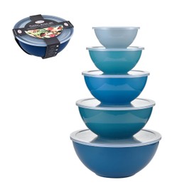 Alpine Cuisine 5 Piece Mixing Bowl Set with Lids Nesting Plastic Bowls in Gradient Blue 1.1,2,3,4.5, 6.3 Qt Durable BPA Free Great for Prepping, Baking, Cooking