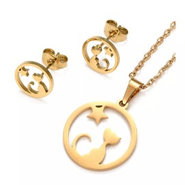 Unbranded Stainless Steel Set Pendant Necklace Earrings Cat Star 15.7" 10x1mm 0.7mm Z818