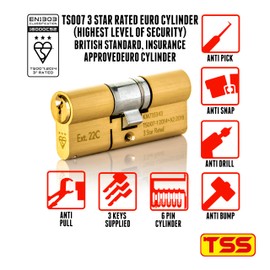 TSS High Security TS007 3 Star British Standard Insurance Approved Euro Lock. Anti Snap Police Preferred Product. Brass with 3 Keys. 3 Star Cylinder (45mm Internal x 45mm External (90mm Total))