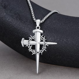 MEIDERBO Nail Cross Necklace 925 Sterling Silver Crown of Thorn Cross Pendant Two Nail Cross Christian Jewelry Gift for Men Women