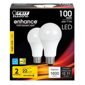 Feit Electric A19 100W Equivalent LED Light Bulbs, Dimmable, 3000k Bright White, 1600 Lumens, 22 Year Lifetime, E26 Base, CRI 90, UL Listed, Damp Rated, 2 Pack, OM100DM/930CA/2
