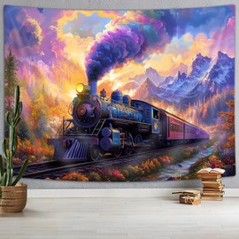 Steam Train Tapestry, Old Engine Train Scenery Tapestries Kids Decor, Rainbow Cloud Sky Forest Mountain Watercolor Art Wall Tapestries Hanging for Bedroom Living Room Dorm Beach Blanket, 71X60