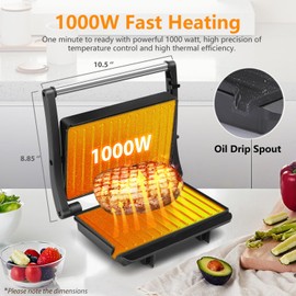 Panini Press Grill, Aigostar 1000W Sandwich Maker with Ceramic Non-stick Plates, Opens 180 Degrees for Any Size Food, 3-in-1 Sandwich Press Electric Grill, Drip Spout & Locking Lid, Sliver