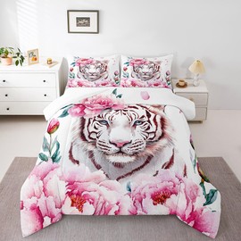3D White Tiger Bedding Tiger Floral Bedding Comforter Sets, Twin Size Cute Cartoon Animal Comforter Set for Girls Lady Women, African Safari Animal Print Duvet Set Romance Style Valentines Day Gifts
