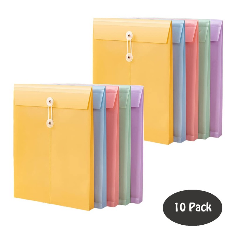 Plastic Envelope File Folder with Button String Tie Closure, 10