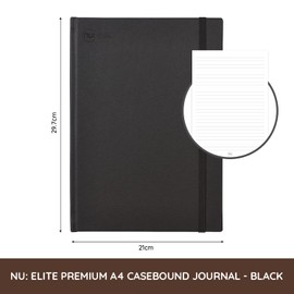 NU Black A4 Casebound Journal | Hardback Vegan Leather Cover | 120 Pages | 100gsm Ruled Paper | Professional Stationery | Elite Premium Range