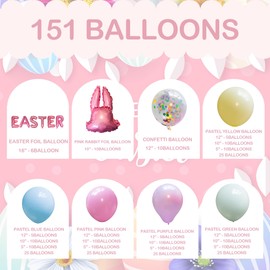 Dazzle Bright Dazzle Bright 151Pcs Easter Balloon Arch Kit, Pastel Bunny Balloon Garland Easter Decorations for Party Birthday