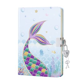 Glitter Diary for Girls - Mermaid Notebook Gift for Children Blue Travel Private Journals School Notebooks A5 Lined Memos Writing Drawing Notepad with Lock and Keys