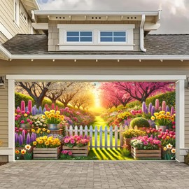 BlissYard Spring Flower Garden Garage Door Cover 13x6Ft Colorful Floral Fence Mural Tulip Daffodil Blossom Backdrop for Easter Outdoor Garage Decoration Seasonal Yard Decor Flower Path Garage Banner