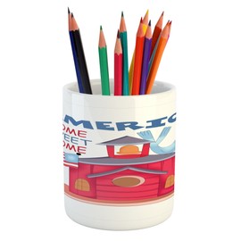 Lunarable Americana Pencil Pen Holder, Cartoon Style Birdhouse with United States Flag Home Home America Patriotic, Printed Ceramic Pencil Pen Holder for Desk Office Accessory, Multicolor
