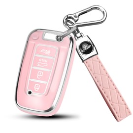 QBUC for Hyundai Key Fob Cover with Keychain，Compatible with Hyundai Sonata Azera Elantra Equus Kia Optima Sorento Forte Soul Genesis Old Smart Key (Silver Edge ,Pink)