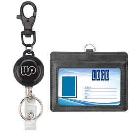 Wisdompro® Retractable Reel with Heavy Duty Horizontal 2-Sided PU Leather ID Badge Holder and Key Ring - Horizontal