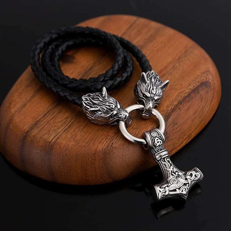 Viking Wolf Necklace with Thor's Hammer Pendant, Norse Mythology Theme,