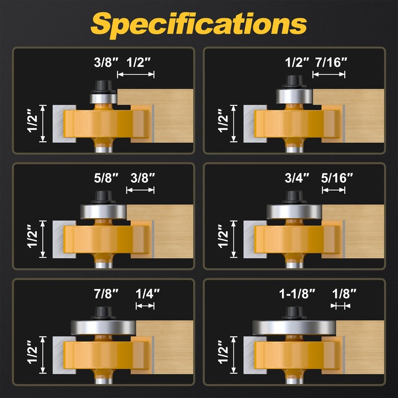 REKCKRUL 1/4 Shank Rabbet Router Bit with 6 Bearings Set