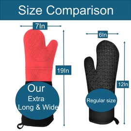 Extra Long High Temp Oven Mitts - 2pcs Commercial, Heavy Duty Non-Slip Grip Mitts - Silicone Heat Resistant Up to 500 Degrees, Ideal for Cooking, Baking & Frying, Red