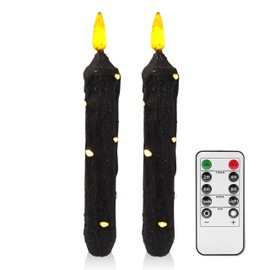 NjaoHoo 6.5 Inches Primitive Real Wax LED Flameless Short Candlesticks Hand Dipped Battery Operated Taper Candles with Timer Remote Candles for Vintage Rustic Home Decor, Pack of 2(Black)