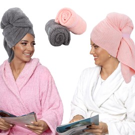YWKJDDM Hair Turban Microfibre Towel, Pack of 2 Microfibre Towels, Long Hair, 100 x 60 cm, Turban Hair Turban with Elastic Band for Head and Long Hair (Grey & Pink)