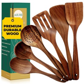 AIUHI 6-Piece Wooden Spoons for Cooking, Kitchen Wooden Utensils for Non-stick Pans, Teak Wood Cooking Utensil Set for Elaborate Cooking