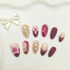 Red French Tip Press on Nails Short Almond Fake Nails with 3D Flower Gilding Pearl Designs Fall Winter Nails Press ons Acrylic Glossy Stick on Nails for Women 30Pcs