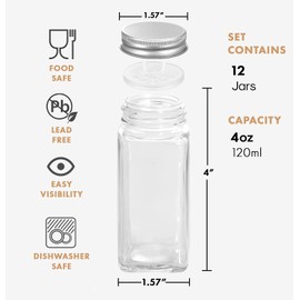 ROYALHOUSE 12 Pcs Glass Spice Jars/Bottles - 4oz Empty Square Spice Containers with Spice Labels and Airtight Metal Caps with Shaker Lids