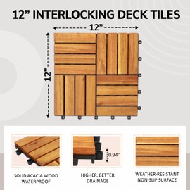 10 Pcs Interlocking Deck Tiles 12"x12", Patio Flooring Outdoor Waterproof, Easy Snap All Weather Acacia Wooden Tiles, Balcony Flooring, Backyard Deck, Indoor Outdoor Solid Wood Tiles (Natural)