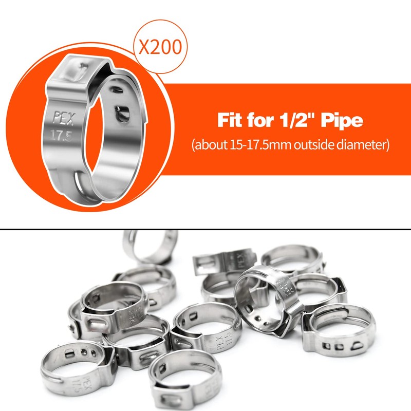 200 Pack 1/2 Inch PEX Cinch Clamps, Stainless Steel Single