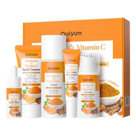 QUIYUM Turmeric Skin Care Set, 5 Pieces Face Care Gift Set, Women, Skin Care, Moisture, with Cleanser, Toner, Serum, Eye Cream, Moisturising Cream