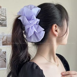 Ribbon Hair Claw Glitter, Large, Hair Clip, Hair Clip, Hair Clip, Office, Simple, Hair Accessory, Multi-Layered Ribbon, Gorgeous Korean Style, Office Gift, Ladies, 5.1 inches (13 cm), White (Purple