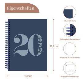 Rileys & Co 2025 Planner - Typographic Monthly and Weekly Agenda Planner, Flexible Cover, Double Spiral Bound, Note Pages, 20.3 x 15.2 cm (8 x 6 inches), Blue - in German