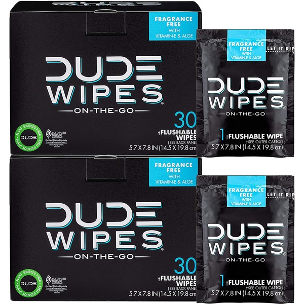 DUDE Wipes Flushable Wipes, Individually Wrapped for Travel, Unscented Wet Wipes with Vitamin-E & Aloe, Septic and Sewer Safe, 30 Count (Pack of 2)