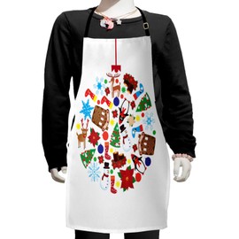 Ambesonne Christmas Apron, Traditional Noel Theme with Pine Tree Snowman Penguin Socks and Reindeer, Small Apron Bib with Adjustable Ties for Baking Painting, Small Size, Multicolor