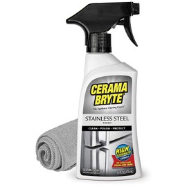 Cerama Bryte Limpiador de electrodomésticos de acero inoxidable de alta resistencia y espray de pulido con aceite mineral, 16 onzas, incluye paño de microfibra grande