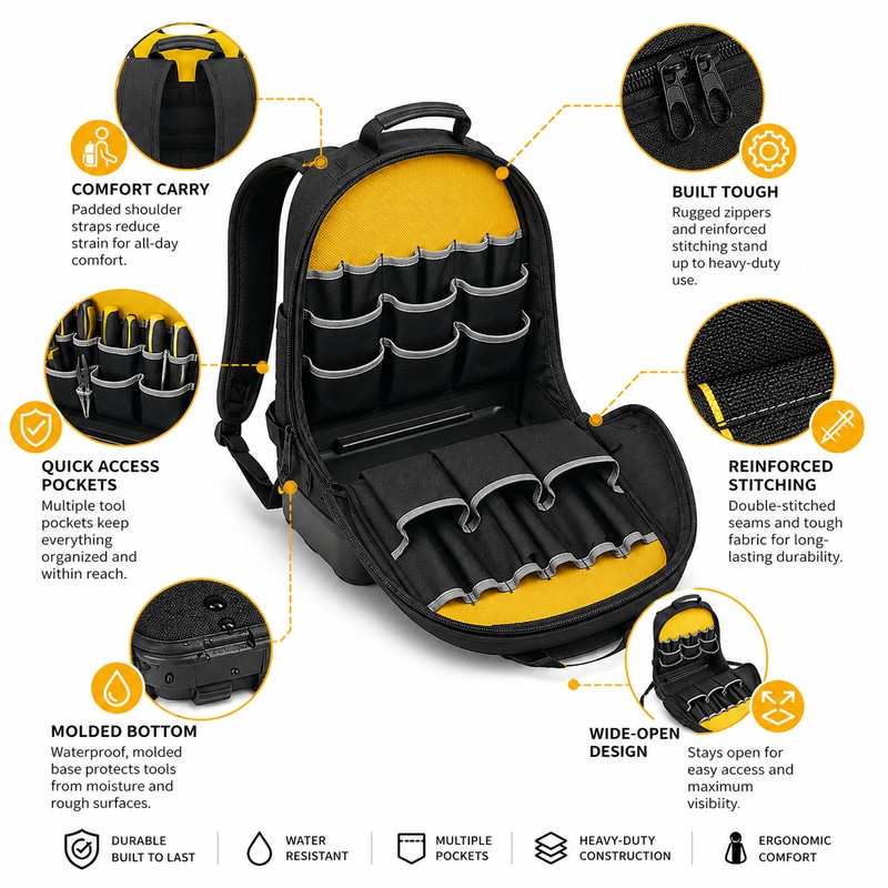 Heavy-Duty Tool Backpack for Jobsite Storage – Multi-Pocket Organizer with