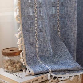 Sutuo Home Boho Curtains 72 inches Long for Living Room Kitchen Nursery, Bohemian Embroidery Drape Light Filter Linen Farmhouse Shabby Chic Tassels Window Treatment Denim, 1 Panel 52" W x 72" L, Blue