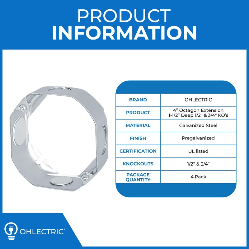 OHLECTRIC 4" Square Steel Work Box Extension Rings (4 Pack)|